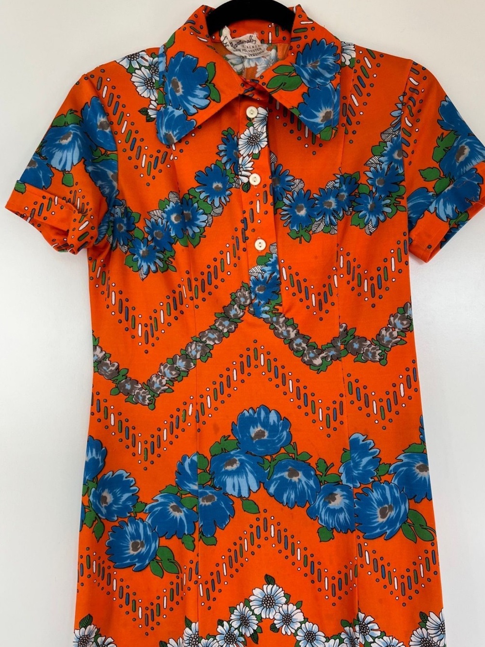 Vintage G. Cardinally Italian Orange Mini Dress with Blue Floral Print - RARE